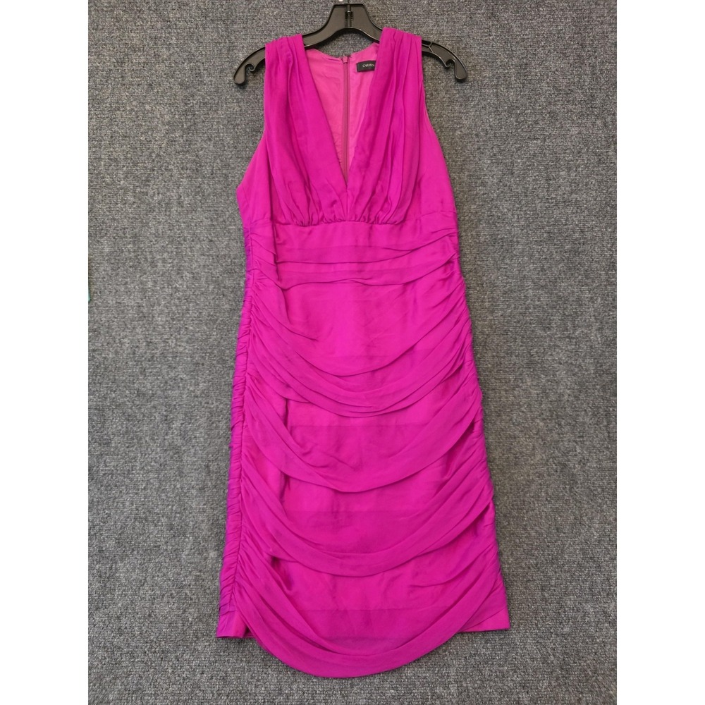 Carmen Marc Valvo Dress Womens 14 Pink Silk Ruched Layered V Neck Sheath Party